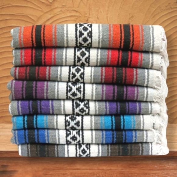 MOLINA Blue Classic Fringed Mexican Falsa Blanket - Picture 2 of 3